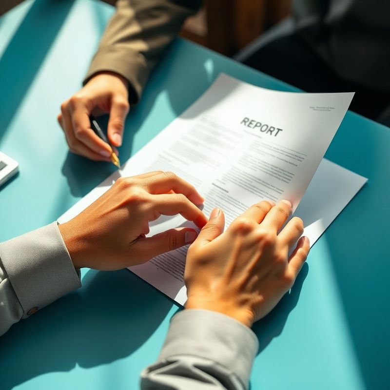 Mâinile unui profesionist examinând un raport tipărit pe un birou azuriu