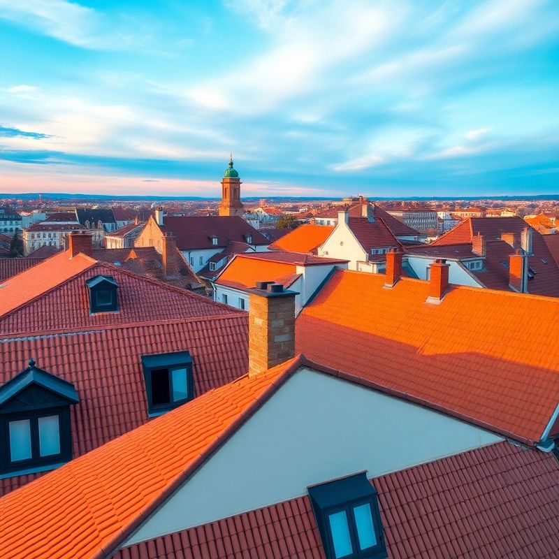 Vedere aeriană a acoperișurilor istorice din Sibiu la ora aurie